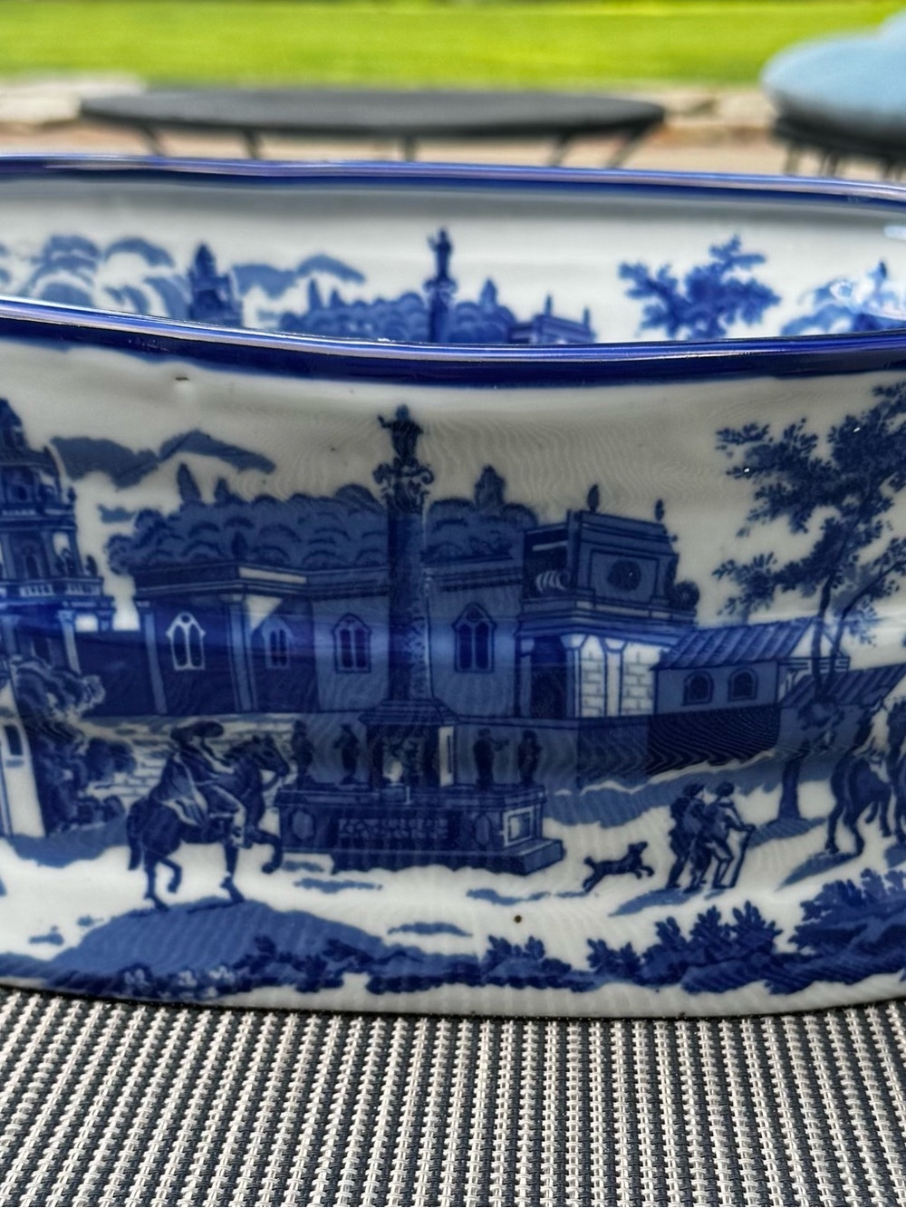 Large Blue & White Chinoiserie Cachepot Planter Bowl 12”x9” Decor
